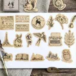 46Pcs Vintage Creative Animals & Plants Kraft Paper Stickers Set for DIY Scrapbooking Diary Decoration & Stationery Flakes