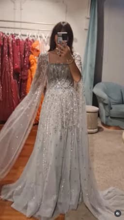 MisShow Customized Silver Gray Wedding Dress - Square Neckline with Crystal Beading, Sheer Cape Sleeves & Sparkling A Line Skirt
