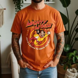 2026 Summer Mens Mighty Mouse Graphic Oversize Tee 100% Cotton Classic Cartoon Short Sleeve