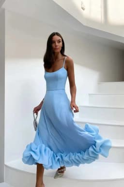 Women's Solid Color Spaghetti Strap Midi Dress Ruffled Hem Fitted A-Line Gown Elegant Party Dress For Dating & Evening Event