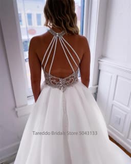 Customized Halter Neckline Keyhole White Organza Wedding Dress Open Back Beading Belt Bridal Dress baratos con envio