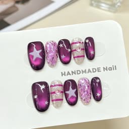 10pcs Purple Cat's Eye Handmade Fake Nails Tips Glitter Mid-length Oval Press on Nails Art Bow Rhinestone Design False Nail Sets