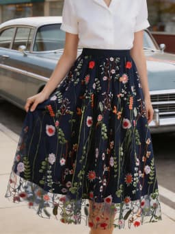 Tonval Floral Embroidered Mesh Overlay Lined Long Skirt Elastic Waist Women Elegant Festival Outfit Summer Vintage Skirts