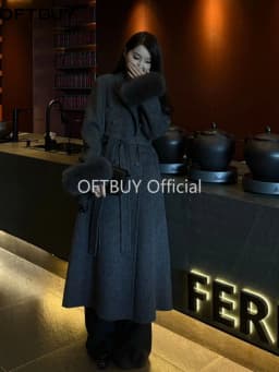 OFTBUY Women's Long Wool Coat Double Breasted Belted Waist Woolen Clothing Female Winter Warm Elegant Trench Style Outerwear