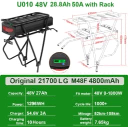 48V 15Ah Rear Rack Electric EBike Battery 36v 15AH Carrier Battery Lithium 48V 18AH 52V 20AH for 1500W 1000W 750W 500W Motor