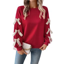 Round Neck Bow Sweatshirt Regular Length Sweet and Fresh with Pullover Patchwork Regular Sleeve Autumn Loose Fit Women Hoodie