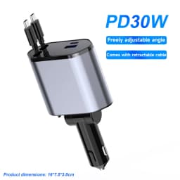 120W Fast Charging Car Charger Dual Retractable Type‑C Cables Dual USB‑A Digital Voltage Display Car Cigarette Lighter Adapter