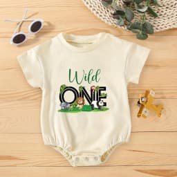 Wild One Animal Printed Short Sleeve Bubble Romper Newborn Oversized Jumpsuit Infant Birthday Party Clothes Baby Shower Bodysuit