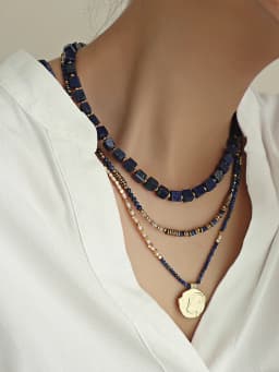 European and American simplicity Lapis Lazuli Blue Square Sweater Chain Necklace Luxury Autumn Winter Accessory Bead Light