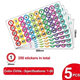 5pcs/Bag Number 1-50 Color Circular Adhesive Sticker -1 Inch Waterproof Code Number Label Clothing Size Label