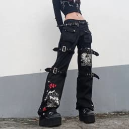 Y2K Metal Button High Waisted Straight Leg Jeans Drop Crotch Print Streetwear Pants Hip Hop Cargo Denim Trousers for Women