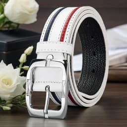 White PU Men's Belt with Red and Blue Striped Design, Adjustable Silver Slide Buckle, Perfect for Casual Jeans, Smart Casual & B