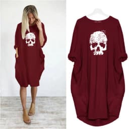 Women's Summer Loose Skull Print Round Neck Long Sleeve Pocket Comfortable Casual P lus Size Dress ashion Streetwear Oversized