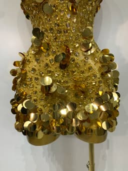 Sparkly Gold Rhinestone Sequins Sexy Strapless Mesh See Through Mini Dress Women Eveing Party Birthday Nightclub Stage Costume