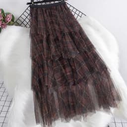 Checkered mesh skirt 2025 autumn and winter irregular layered cake skirt high waist slimming mid length skirt for women new