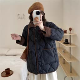 Autumn Down Cotton Padded Jacket Women's 2025 Contrast Lapel Rhombic Thin Short Loose Spring Cotton Padded Casual Coats Female