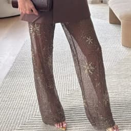 HXAO Women's Brown Sequins Pants Spring Summer 2025 Elegant Beading Semi-Sheer Trousers Chic Slacks High Waist Long Pants Woman