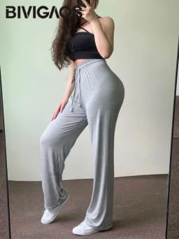 Women Spring Summer Thin Modal Wide Leg Pants Elastic Drawstring Stretch Drape Gray High Waist Casual Pants Dance Fitness Pants