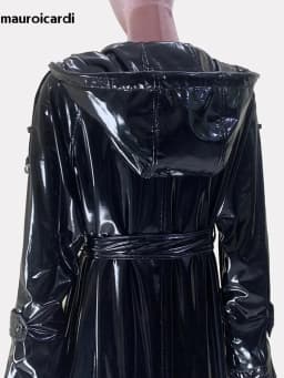 Mauroicardi Spring Autumn Cool Extra Long Shiny Reflective Waterproof Thin Black Soft Patent Faux Leather Coat Women with Hood
