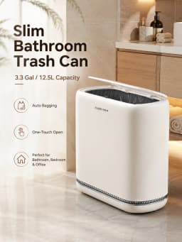 Joybos 3.3 Gallon Slim Trash Can For Bathroom, Auto-Bagging & One-Press Lid, 12.5L Large Waste Bin For Narrow Gap, Modern Hands-Free Garbage Pail For Bedroom Office