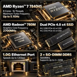 TOPC AMD Ryzen 7 7840HS Mini PC Radeon 780M DDR5 5600MHz Dual M.2 PCIe 4.0 Dual HDMI 1G LAN Mini Computer