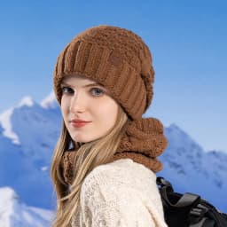 Women's Winter Hat and Neck Warmer Set, Warm Knit Hat with Ear Protection, Hooded Yarn Cap