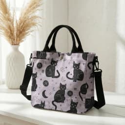 Witchy Black Cat Moon Star Print Pink Canvas Tote Bag Detachable Strap Crossbody Handbag For Women Daily Shopping