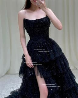 Xijun Glitter Black Long Evening Dresses Tiered Sleeveless Korean Wedding Dresses Photo Shoot Formal Prom Dresses Customized