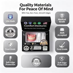Moldable Silicone Denture Set, Upper & Lower Natural Ivory False Teeth Kit, Instant Smile with Free Toothbrush & Toothpaste