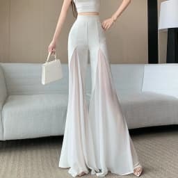 White mesh fishtail flared pants women summer thin design high waist hanging feeling elegant chiffon wide leg casual pants