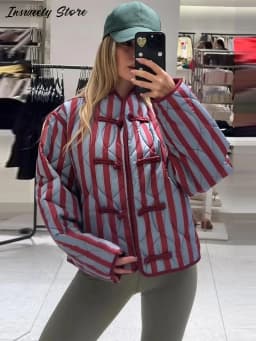  Casual Stripe Padded Coats Women's Stand Collar Long Sleeve Loose Warm Frog Buttons Quilted Jackets 2026 New Lady Outerwear