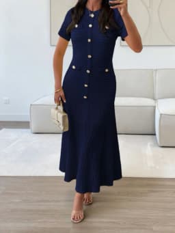 Women's Solid Color Midi Dress Short Sleeve Gold Button Decorated Fitted Flared Hem Gown Elegant Retro Outfit Dating & Parties
