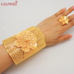 France Luxury Chain Cuff Bangle & Ring For Women Dubai Gold Color Indian Moroccan Big Bracelet Jewelry Arabic African Wedding