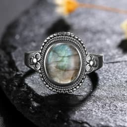 Silver Ring for Women Oval Round Natural Labradorite Ring Gift Sun Shaped Retro Luxury Fine Jewelry
