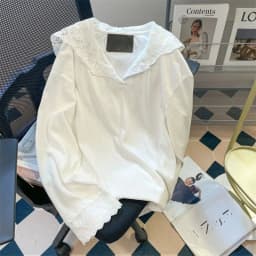 Sweet Lace Patchwork Hoodie Top for Women Spring Autumn Thin White Cotton T-shirts 2026 Lazy Simple Long Sleeve Tee Shirt