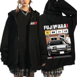 Anime Initial D Drift AE86 Zipper Hoodie Casual Vintage Zip Up Hooded Sweatshirts JDM Car Oversized Hoodies Cardigan Jacket Coat