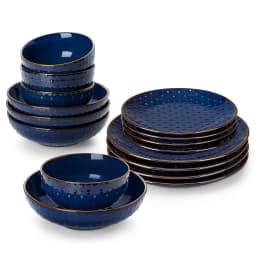 MALACASA LYDIA 16/32 Piece Blue Stoneware Plates Dinner Set Embossment Dinnerware with 6pcs Dinner Plate/Dessert/Soup/Bowl