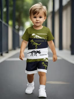 Cool Style Dinosaur Skeleton Print Boys Short Sleeve Shorts Set New Arrival