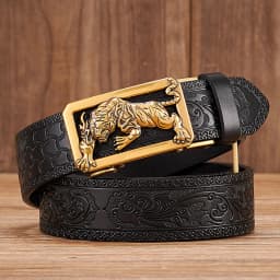 Fashion Tiger Buckle with Tang Grass Pattern Split Leather Belt for Men Work of Art Belt Automatic Buckle Business Belt