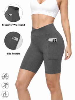 Women's Super Soft Crossover High Waisted Biker Shorts With Pockets Tummy Control No See Through Workout Yoga Running Shorts