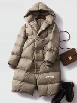 Janveny 2025 New Oversized Hooded Winter Puffer Jacket Women Solid Thick Warm Sashes Tie Up White Duck Down Over The Knee Coat