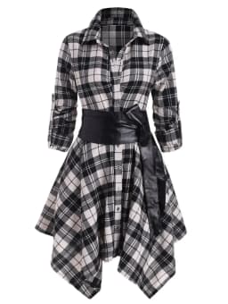 Women Red Plaid Belted Roll Tab Sleeve Handkerchief Dress Grunge Gothic Casual Dresses Vestidos Button Up Long Sleeve Streetwear