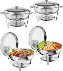 TacleeKii 2 4 6 Pack 5QT Round Chafing Dish Buffet Set With Glass Lids Stainless Steel Buffet Food Warmer Set with Serving Spoon & Tweezers for Party
