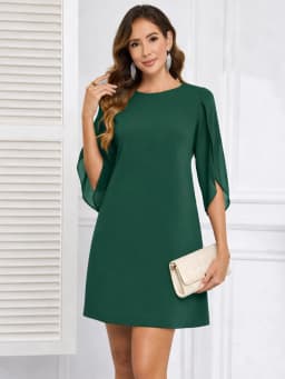 Womens Fluter Sleeve Crew Neck Loose Shift Tunic Cocktail Knee Length Business Casual Party Chiffon Bodycon A-Line Dress