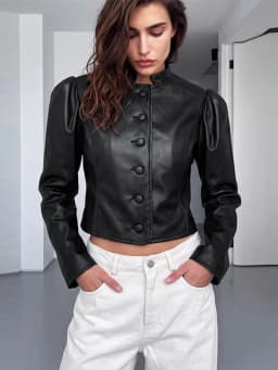 Fashion Solid Faux Leather Women's Jacket Stand Collar Button Short Loose Puff Long Sleeves Coat Chic 2026 Autumn New Daily Wear