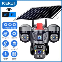 KERUI 6MP Triple Lens Solar PTZ Camera 4G SIM WiFi Outdoor Home Security CCTV with V380pro App Built-in Rechargeable Battery