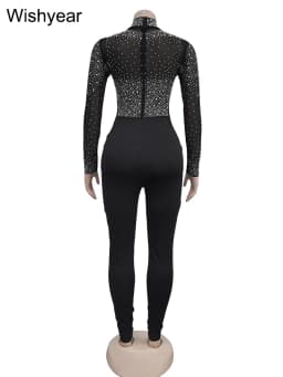 Wishyear Sexy Mesh See Through Rhinestone Black Jumpsuits Women One Piece Outfits Bodycon Long Sleeve Birthday Rompers Clubwear