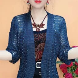 Spring Summer New Ice Silk Knit Cardigan 2025 New Women Middle-Aged Mothers Solid Color Shawl Hollow Sunscreen Coat Female Tops