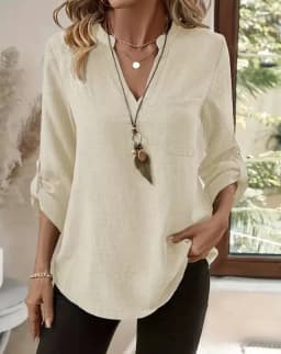 Spring and Summer New Shirts Women's Loose Large Size V-neck Solid Color Shirt Loose Top Long Sleeve Shirt