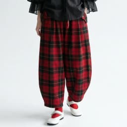 Red - Black Plaid Drawstring Lantern Pants, Retro Hong Kong Style, Daily Outfit, Casual & Free Vibe 255338